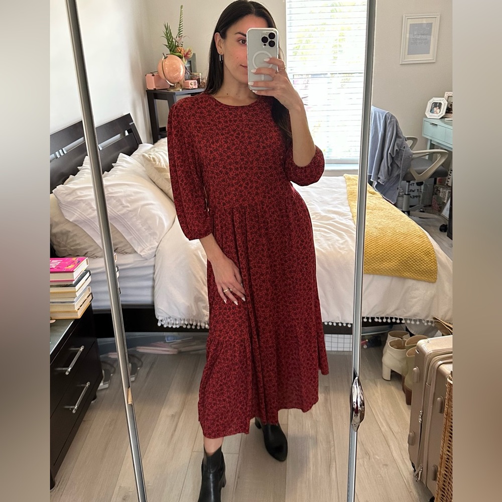 Zara midi (close to maxi) floral dress in red and black